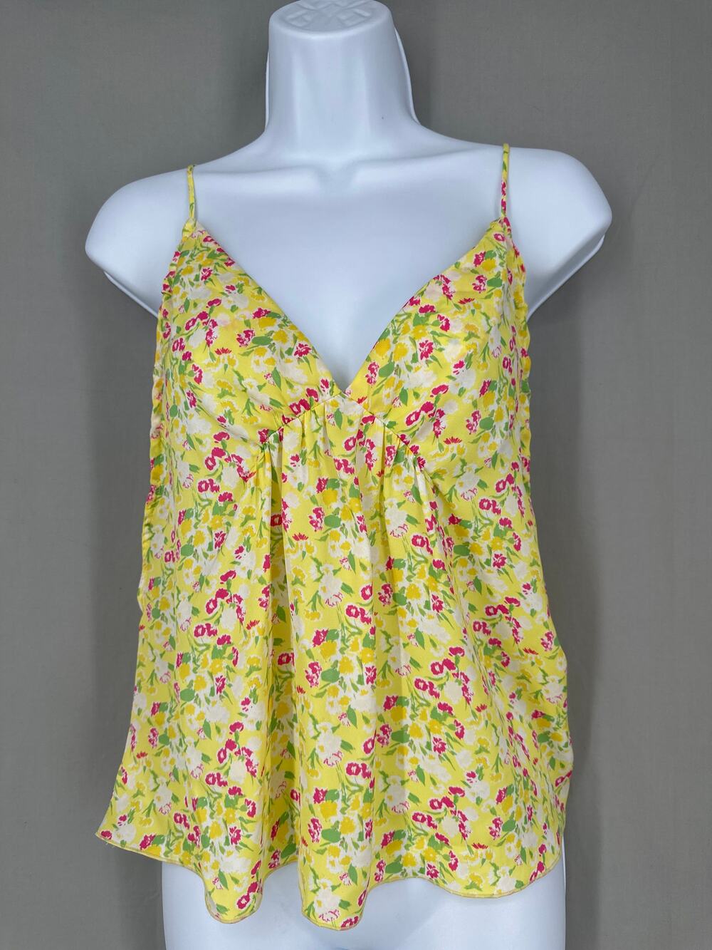 Free People Top Womens Medium Yellow Floral Cami Cottage Boho Bohemian V Neck